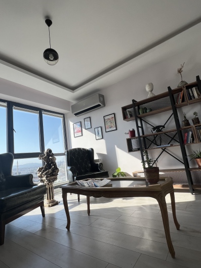 Kitaplıklı oturma alanı ve manzaralı pencere